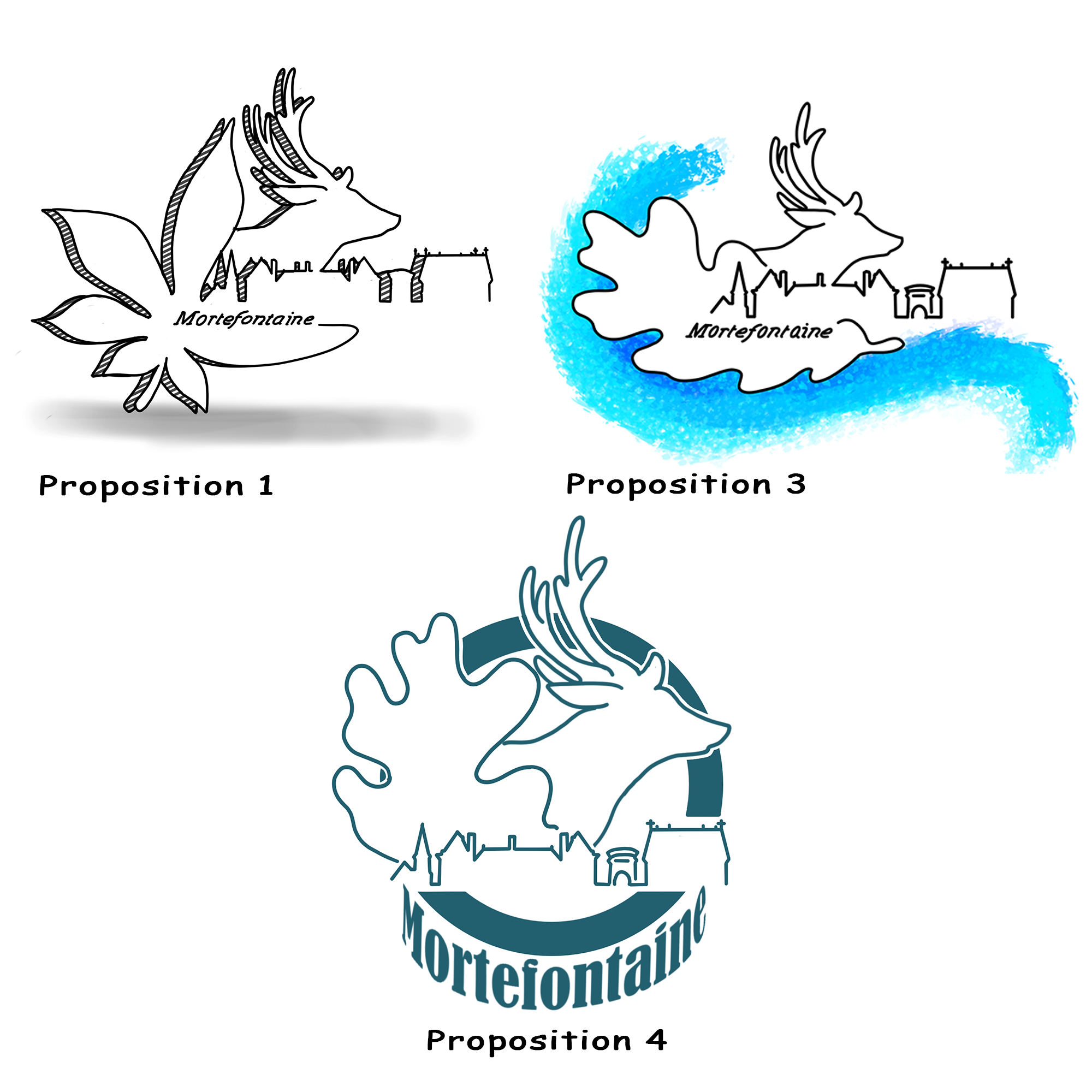 Recherches visuelles du logo : cerf, feuille et skyline du village